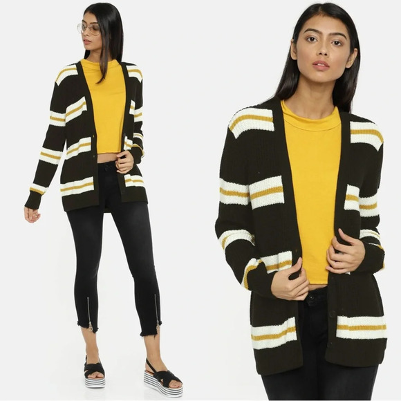 Forever21 Black & Off-White Yellow Striped Open Front Button Cardigan Sweater - Picture 1 of 13